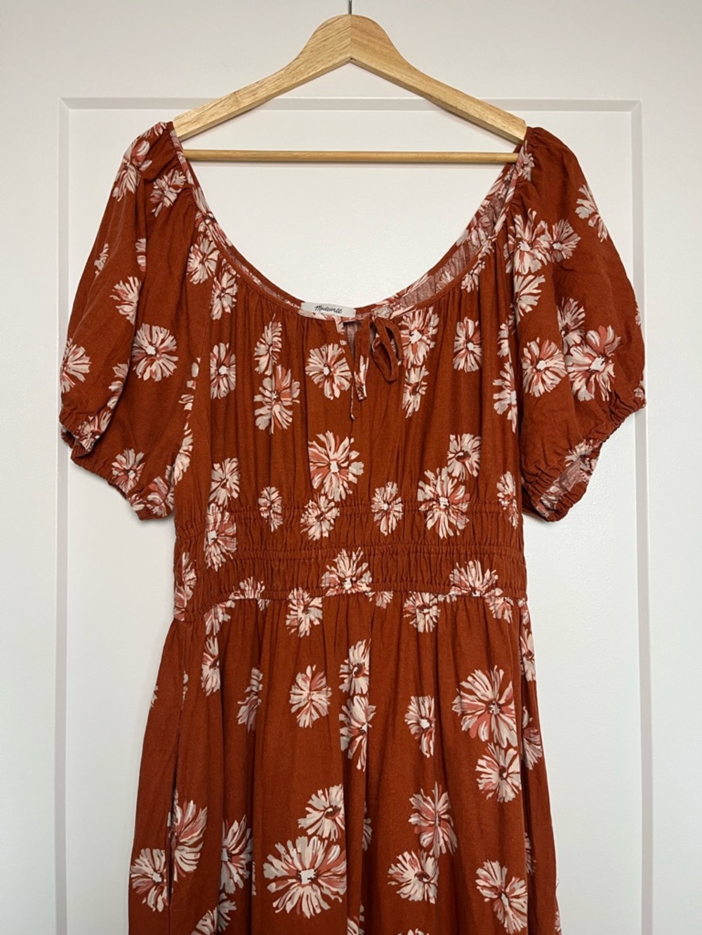 Madewell Linen Blend Floral Midi Dress XL Rust Boho Puff Sleeve Pockets